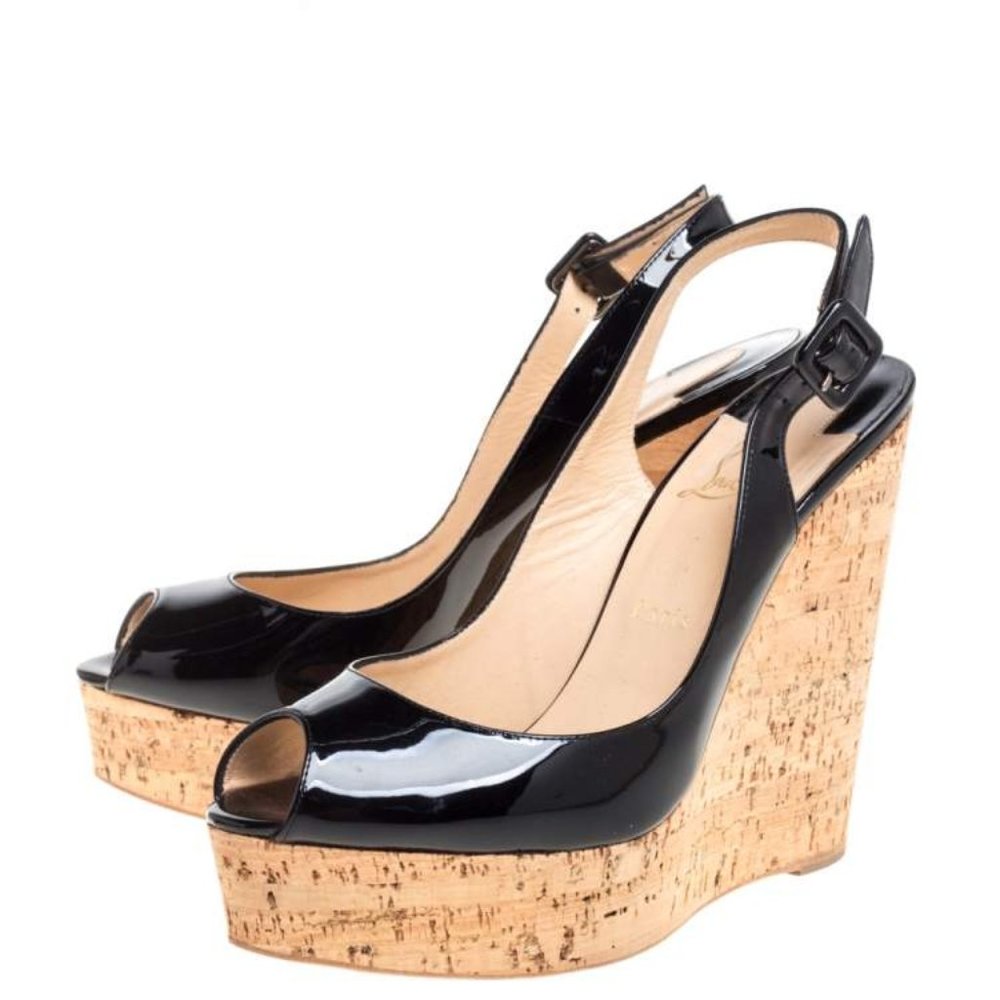 Christian Louboutin Black Patent LeatherWedge Platform Peep Toe Slingback